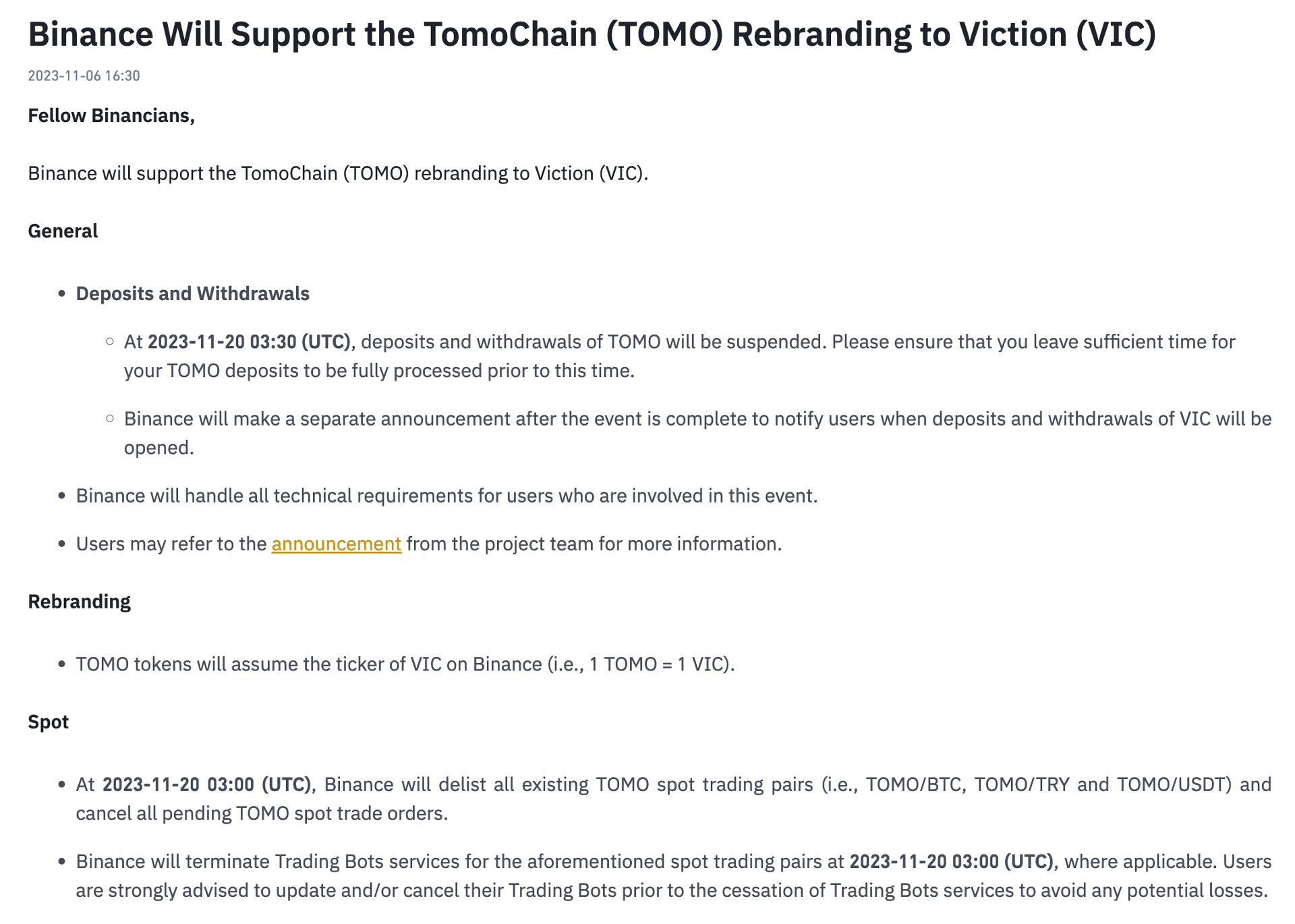 binance hỗ trợ đổi tên thương hiệu tomochain thành viction
