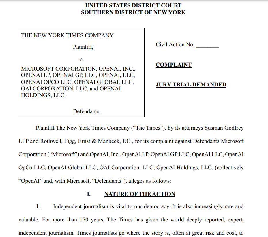 đơn kiện nyt openai microsoft