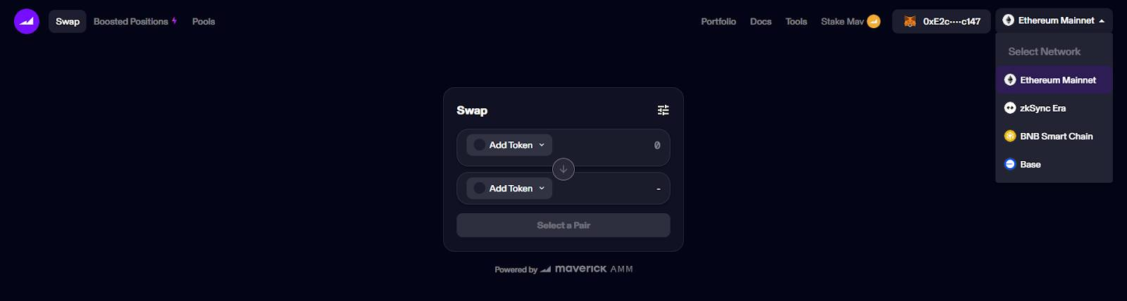 giao diện chức năng swap của giao thức maverick