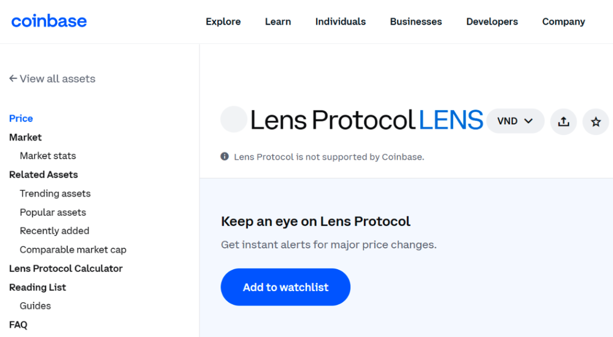 thông báo về lens trên coinbase