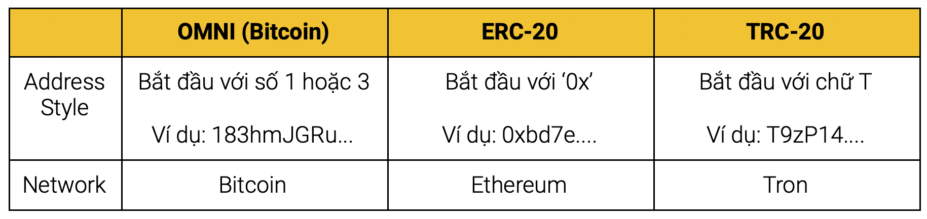 cach phan biet dia chi vi USDT OMNI, ERC-20, TRC-20