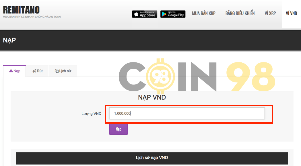 nạp tiền mua xrp